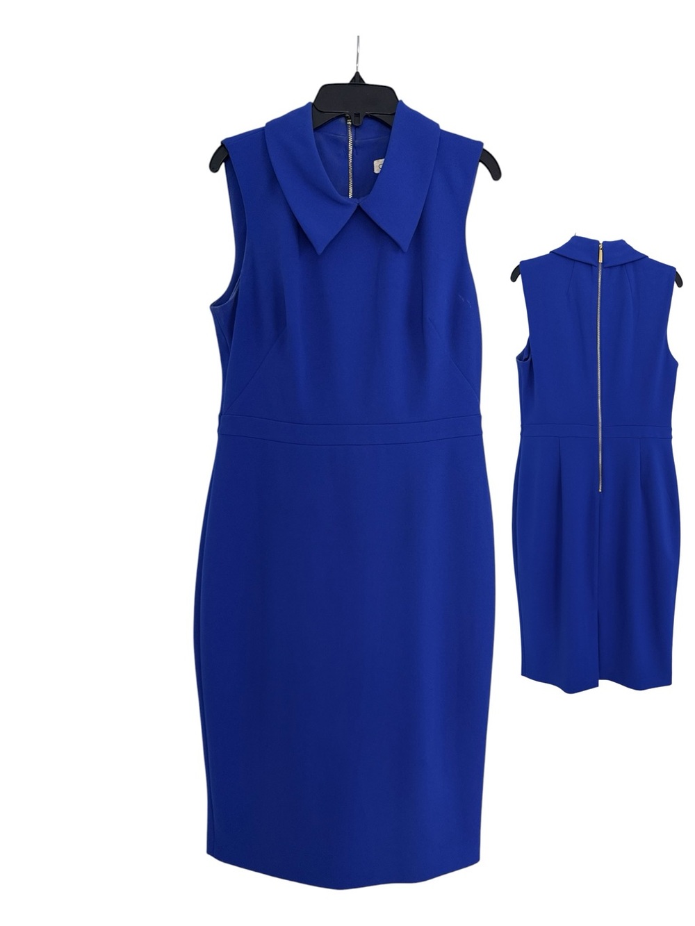 Calvin Klein Sleeveless Pointed Collar Sheath Dress in Cobalt Blue
